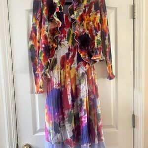 Colorful Floral Midi Dress with Ruffled Cardigan